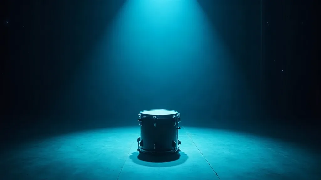A single drum alone in a large dark room under one hard cyan gel, its shadow thrown long across the floor
