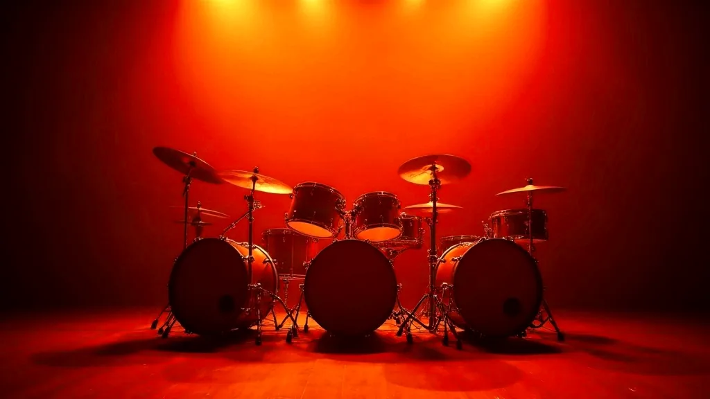 A rack of drums and cymbals on a dark stage under a vermilion gel, the hardware catching a hard raking beam